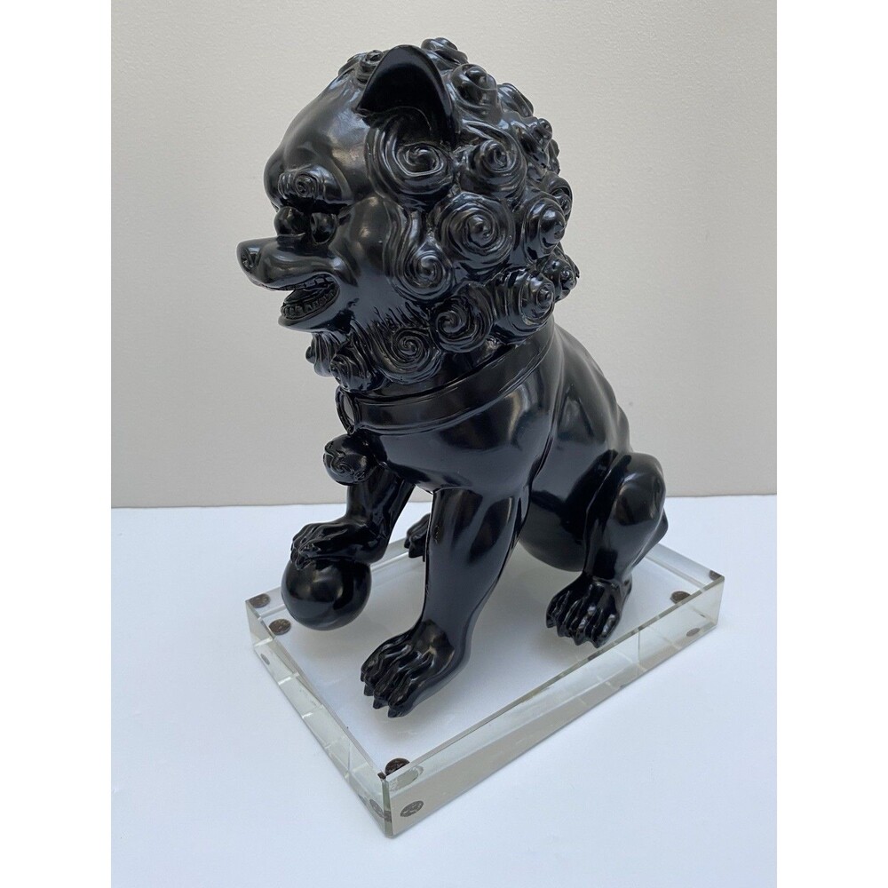 Modern Black Heavy Ceramic Chinese Foo Dog on Large Lucite Base Statue / Bookend - Picture 4 of 10
